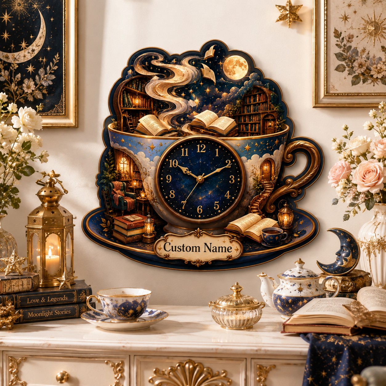 Personalized Celestial Teacup Library Wall Clock with Custom Name — personalized with a custom name