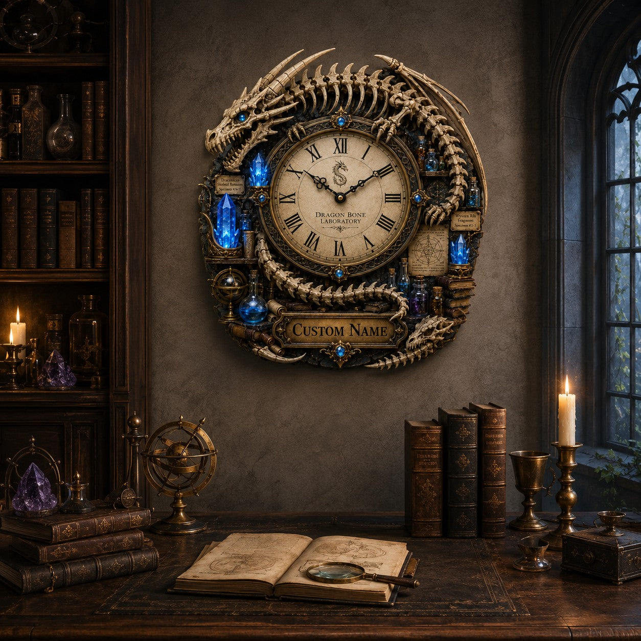 Personalized Dragon Skeleton Wall Clock with Custom Name — personalized with a custom name