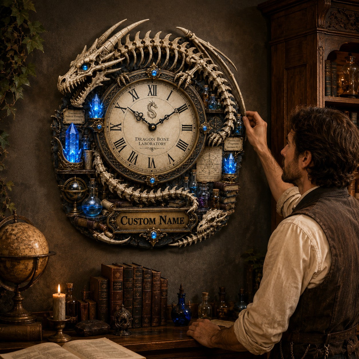 Personalized Dragon Skeleton Wall Clock with Custom Name — personalized with a custom name
