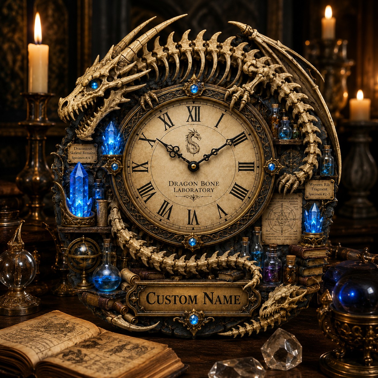 Personalized Dragon Skeleton Wall Clock with Custom Name — personalized with a custom name
