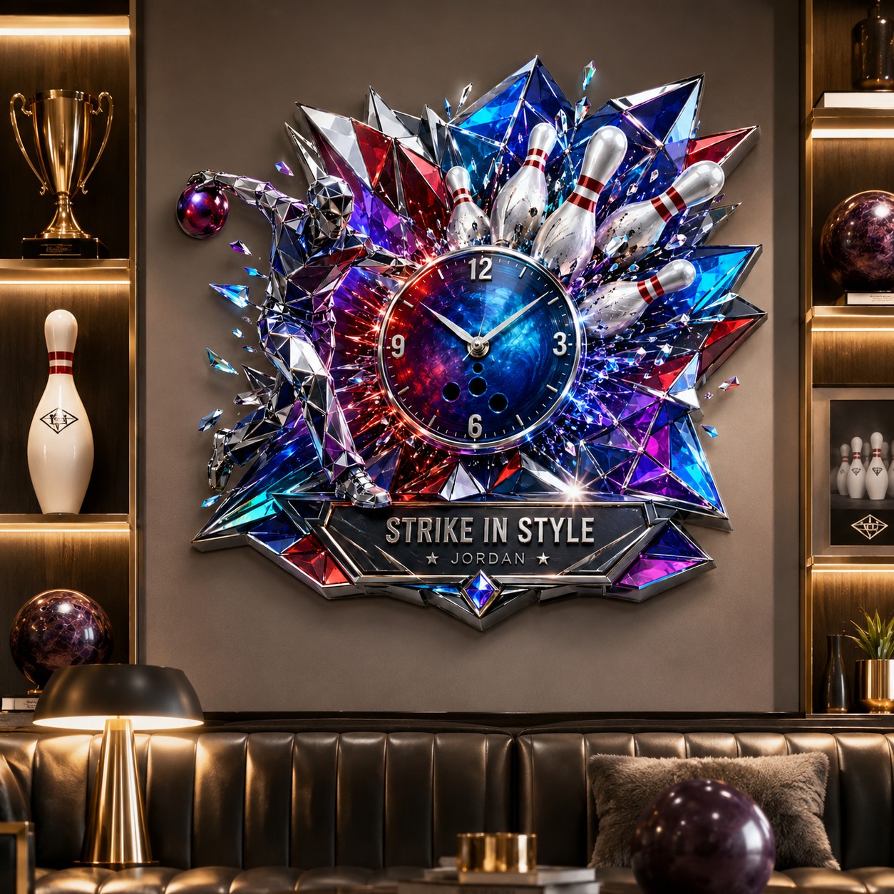 Personalized Strike Bowling Wall Clock with Custom Name — personalized with a custom name