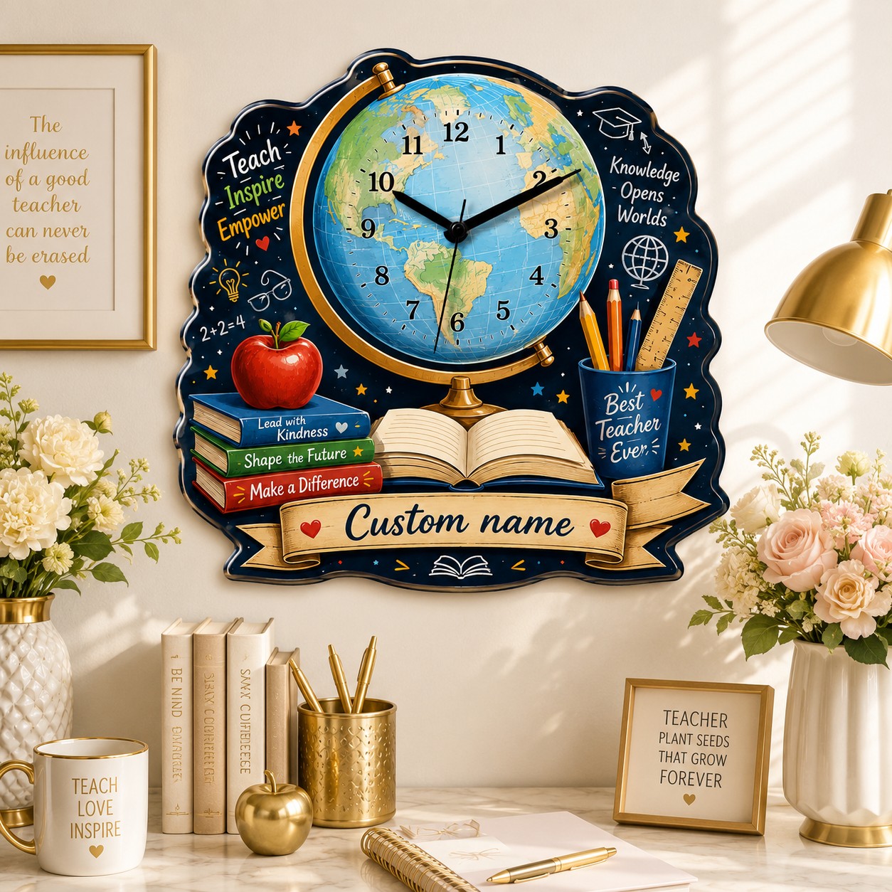 Personalized Teacher Globe Wall Clock, Custom Name Gift for Teachers — personalized with a custom name