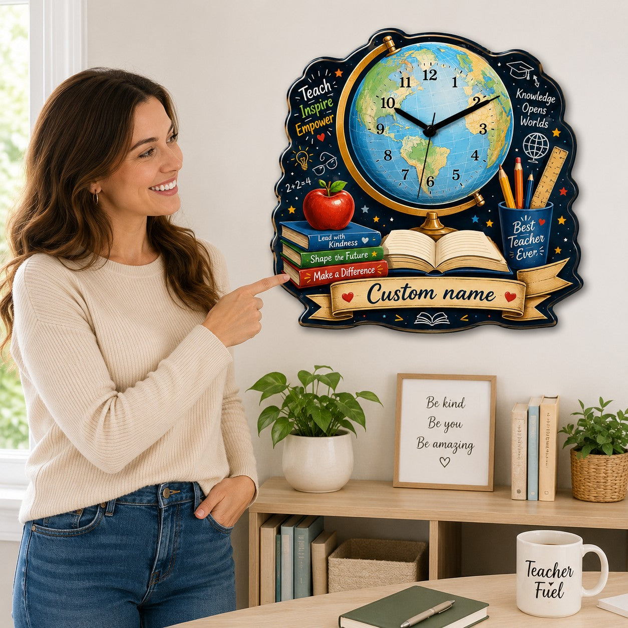 Personalized Teacher Globe Wall Clock, Custom Name Gift for Teachers — personalized with a custom name