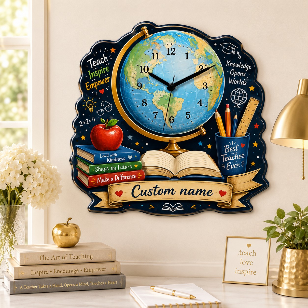 Personalized Teacher Globe Wall Clock, Custom Name Gift for Teachers — personalized with a custom name