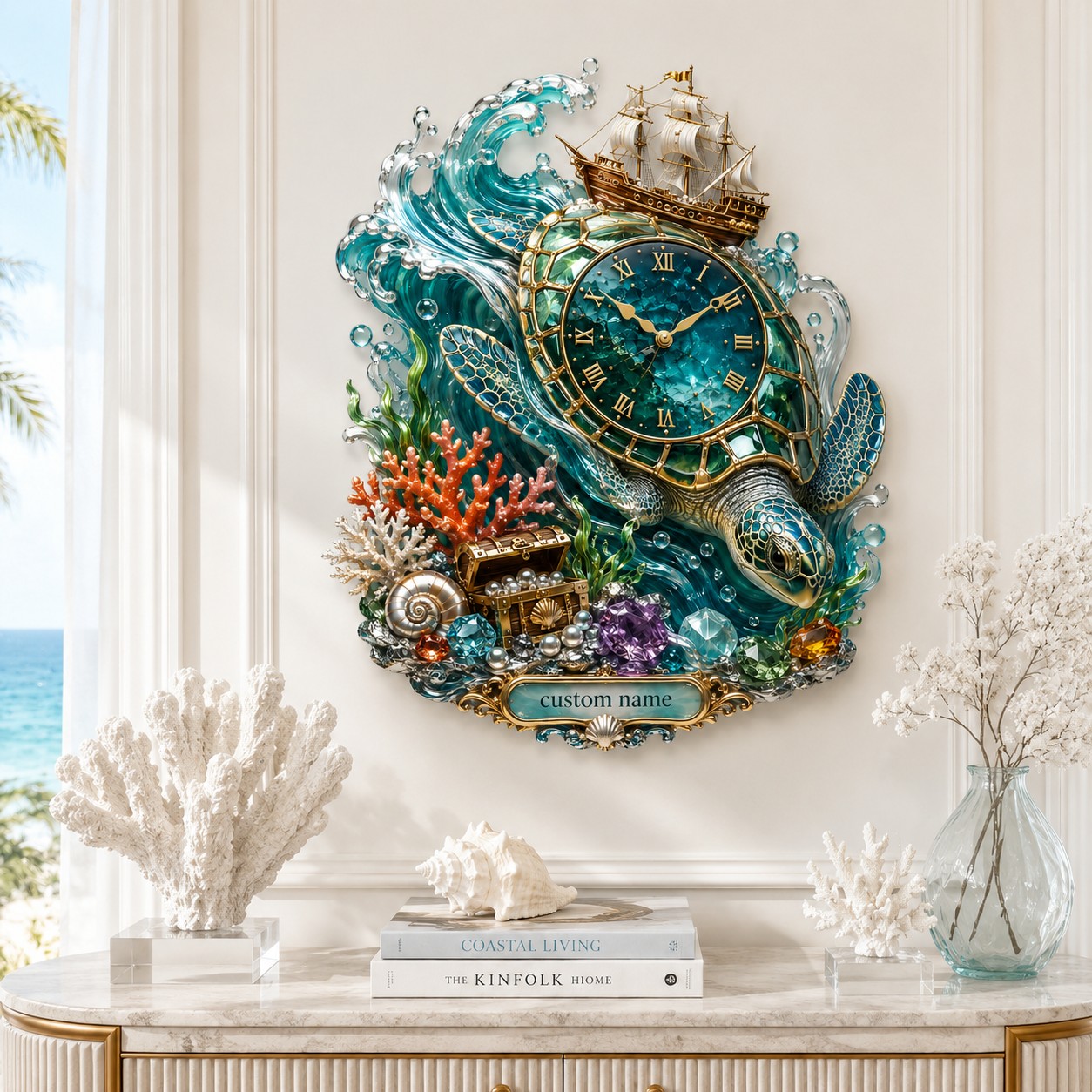 Personalized Crystal Sea Turtle Wall Clock with Custom Name — personalized with a custom name