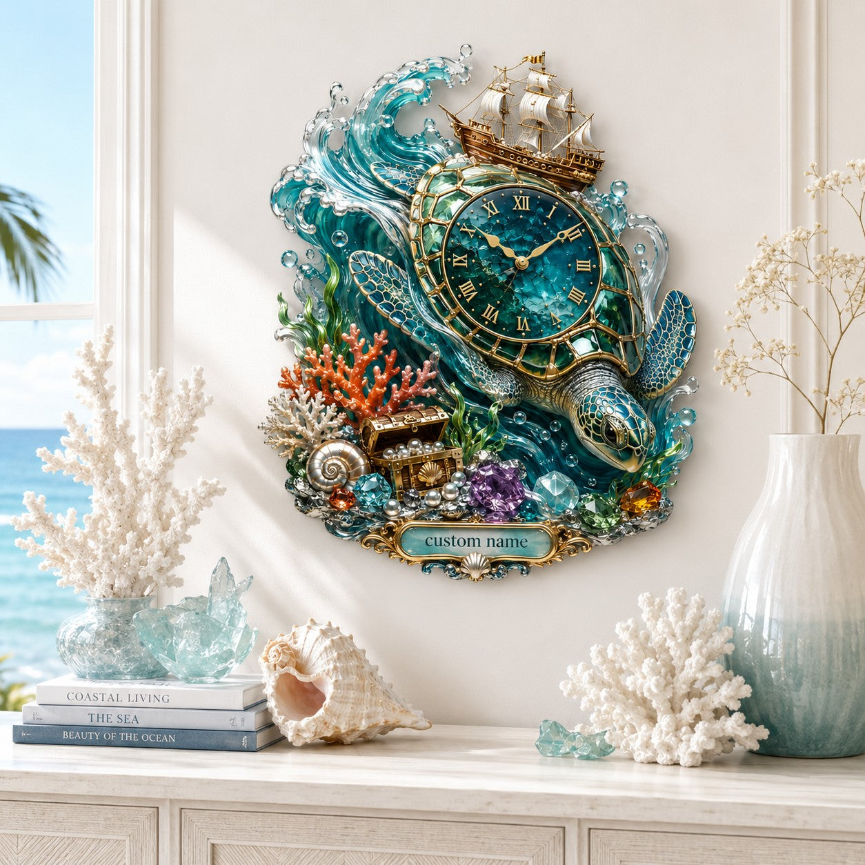 Personalized Crystal Sea Turtle Wall Clock with Custom Name — personalized with a custom name
