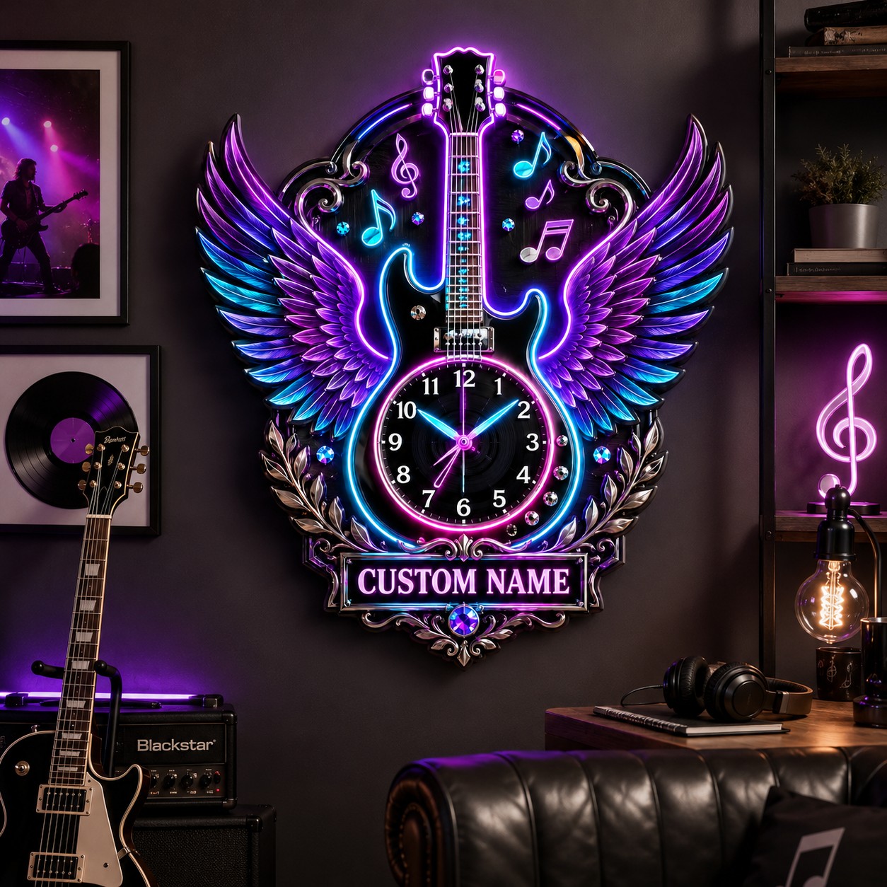 Personalized Rock Guitar Enthusiasts Wall Clock with Custom Name — personalized with a custom name