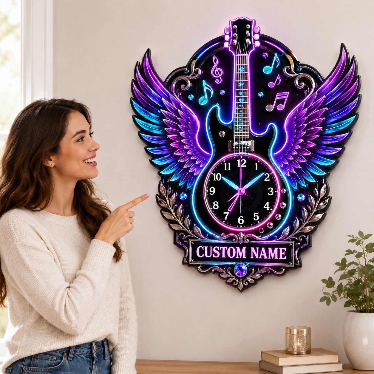 Personalized Rock Guitar Enthusiasts Wall Clock with Custom Name — personalized with a custom name