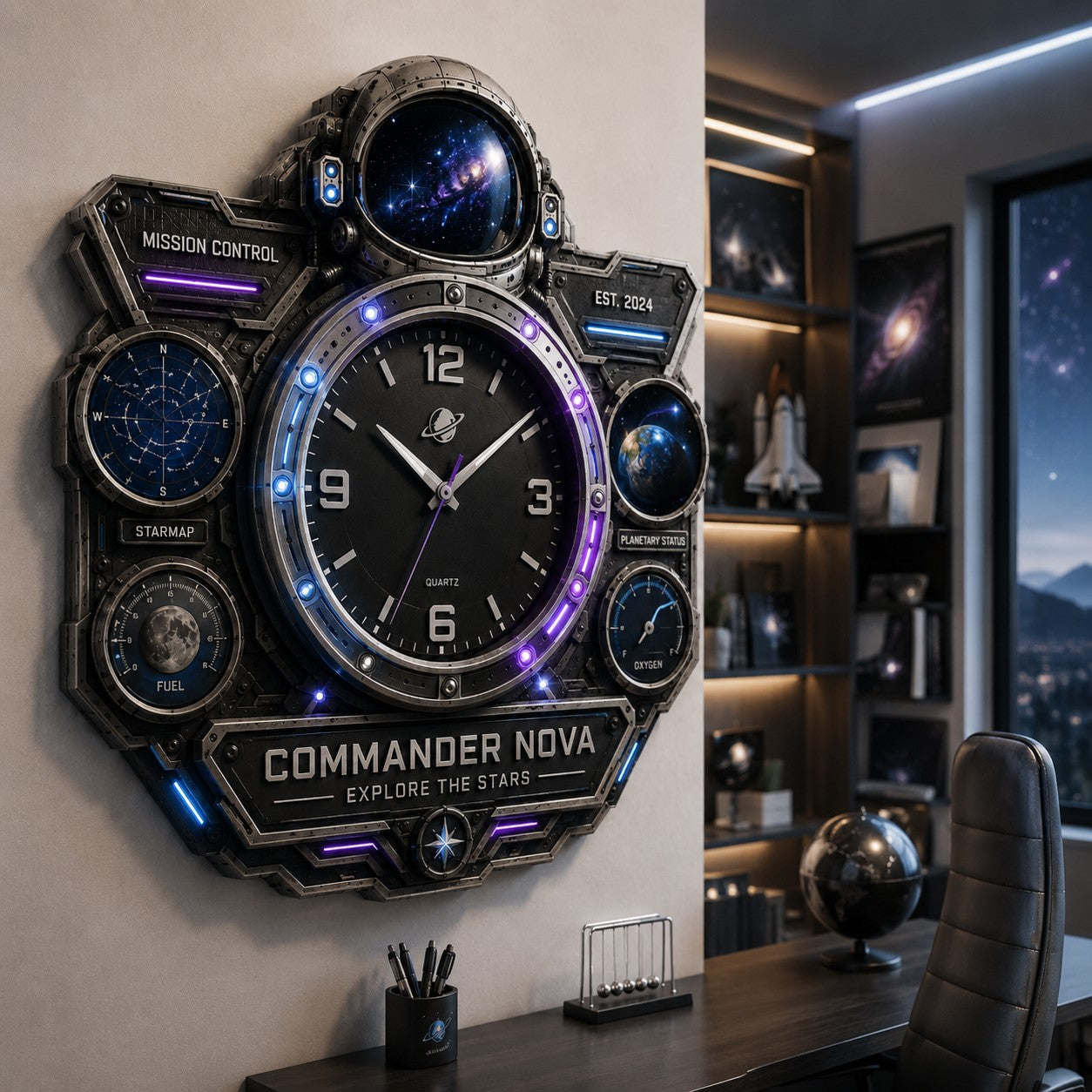 Personalized Astronaut Wall Clock, Custom Name Gift for Space Fans (Design 2) — personalized with a custom name