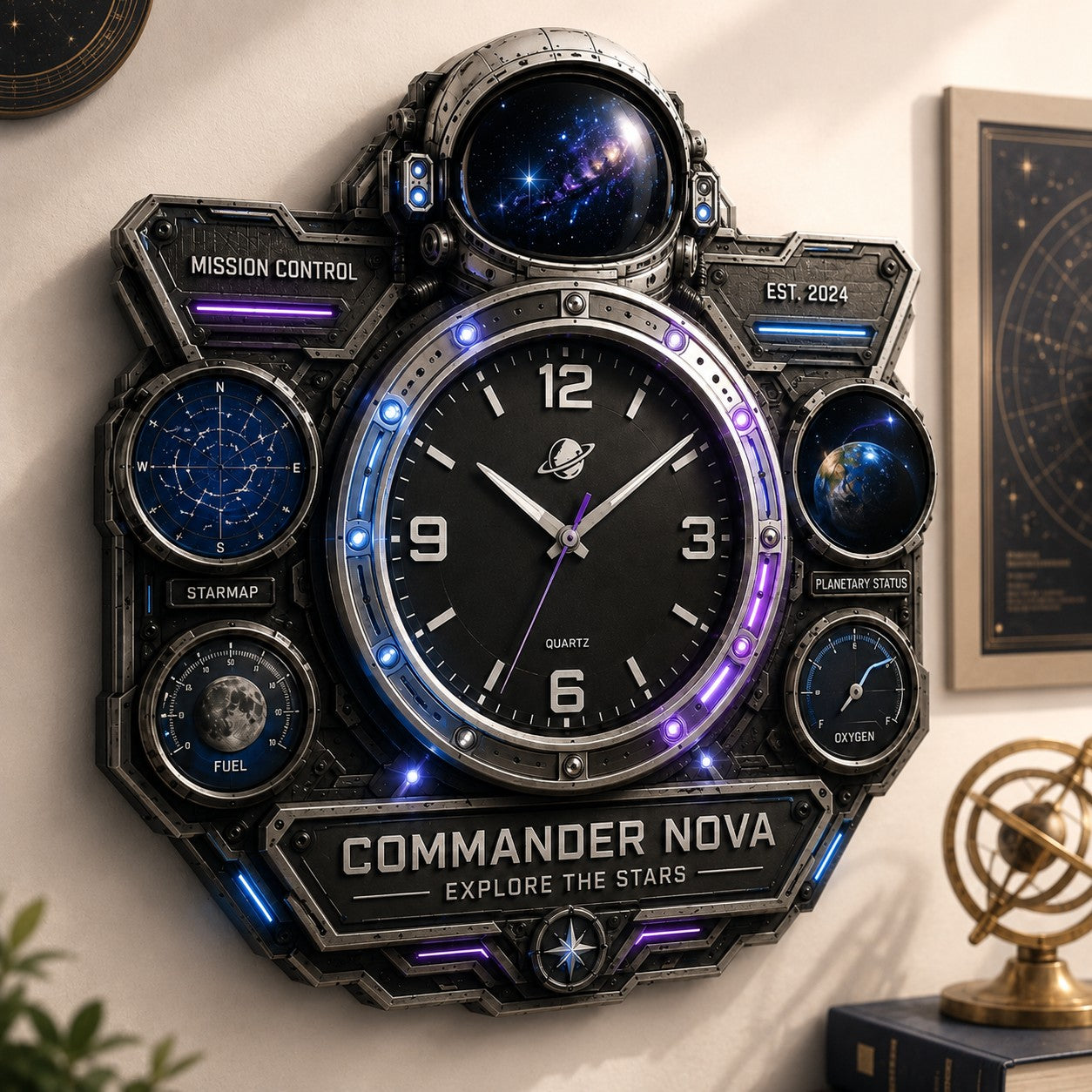 Personalized Astronaut Wall Clock, Custom Name Gift for Space Fans (Design 2) — personalized with a custom name