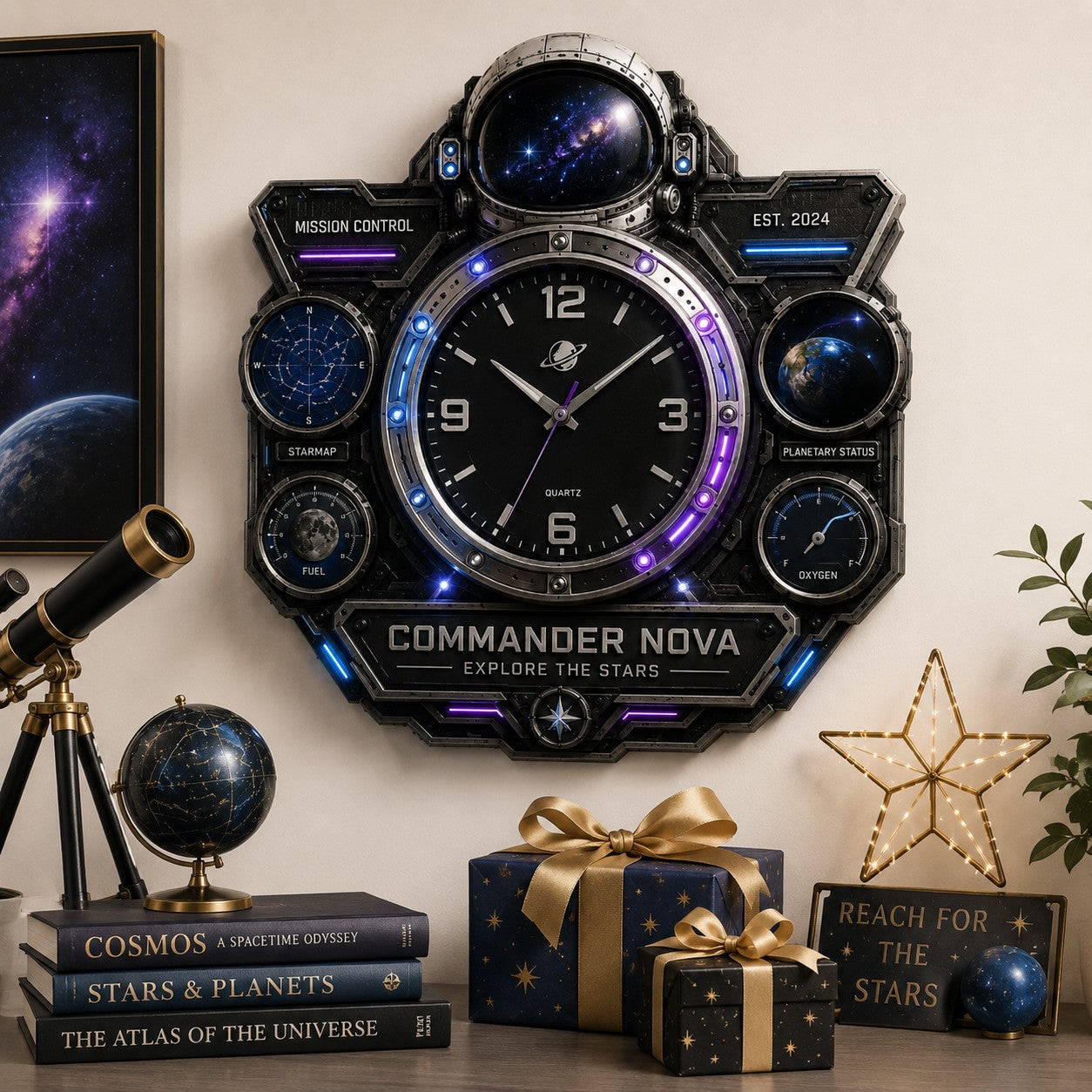 Personalized Astronaut Wall Clock, Custom Name Gift for Space Fans (Design 2) — personalized with a custom name
