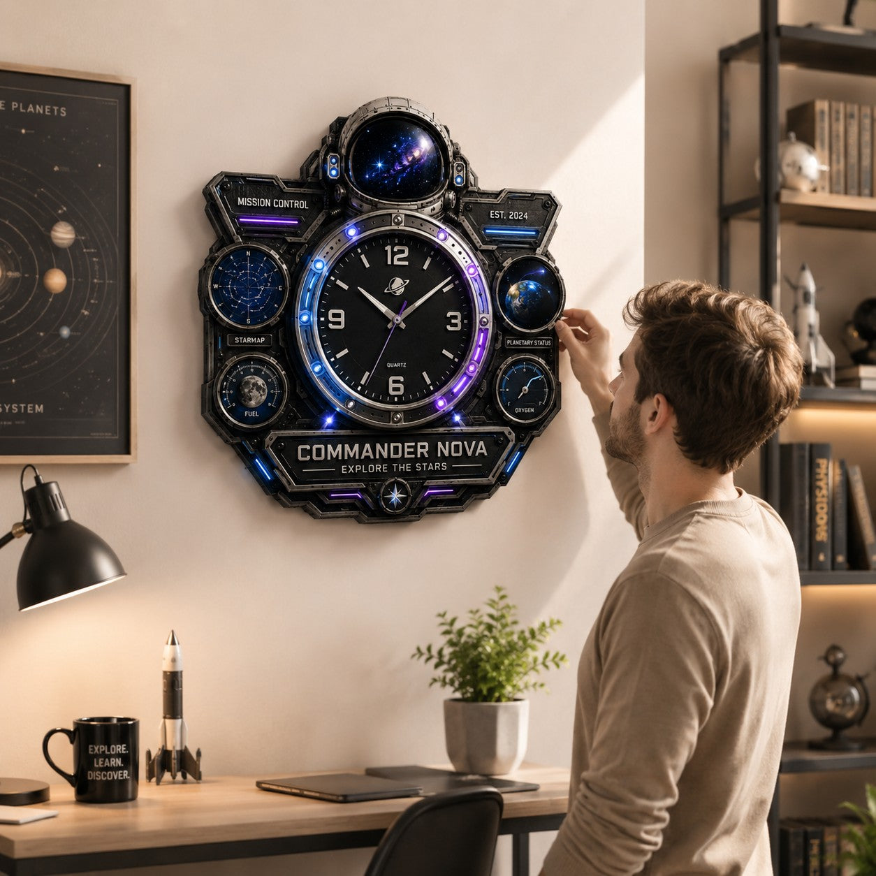 Personalized Astronaut Wall Clock, Custom Name Gift for Space Fans (Design 2) — personalized with a custom name