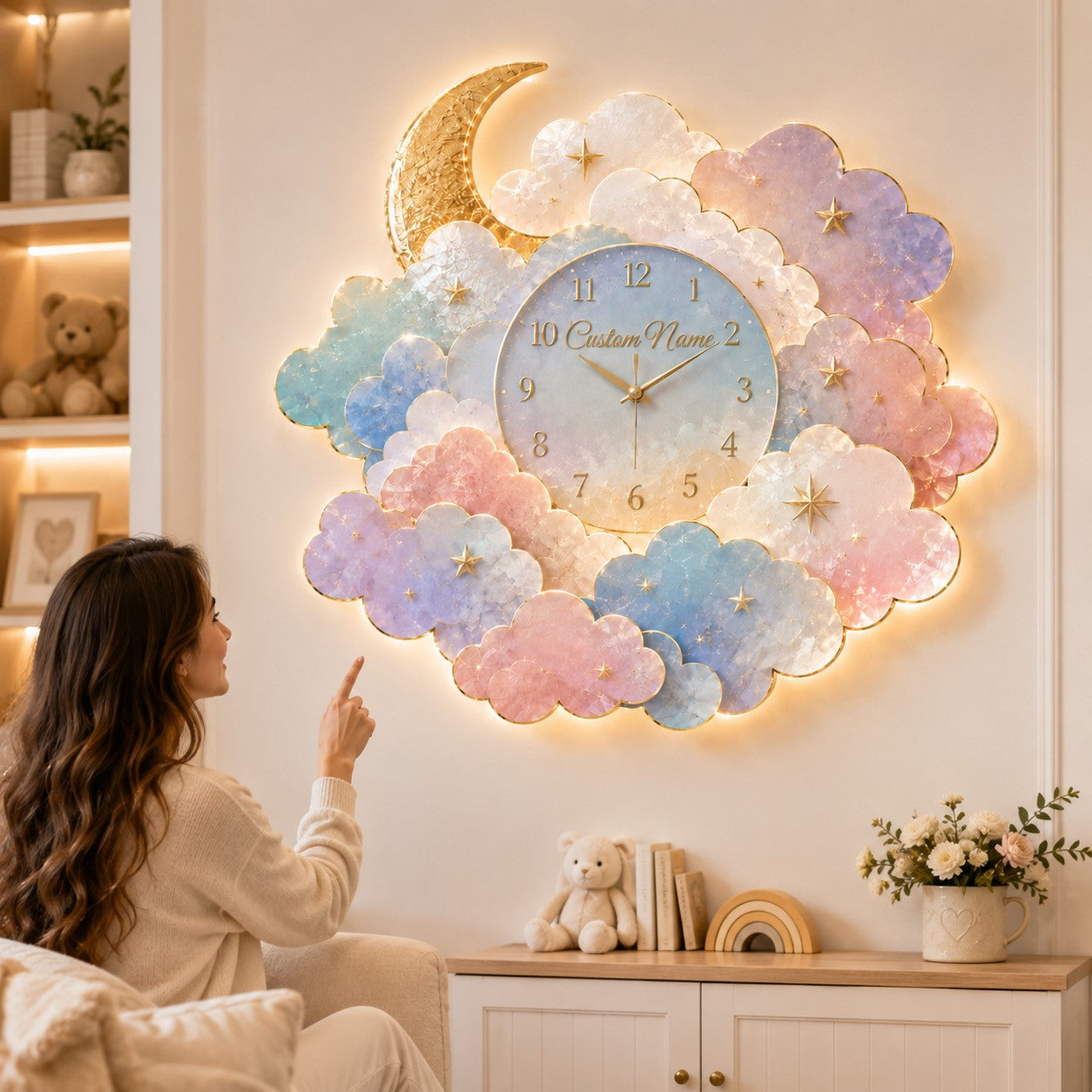 Personalized Moon Cloud Wall Clock with Custom Name — personalized with a custom name