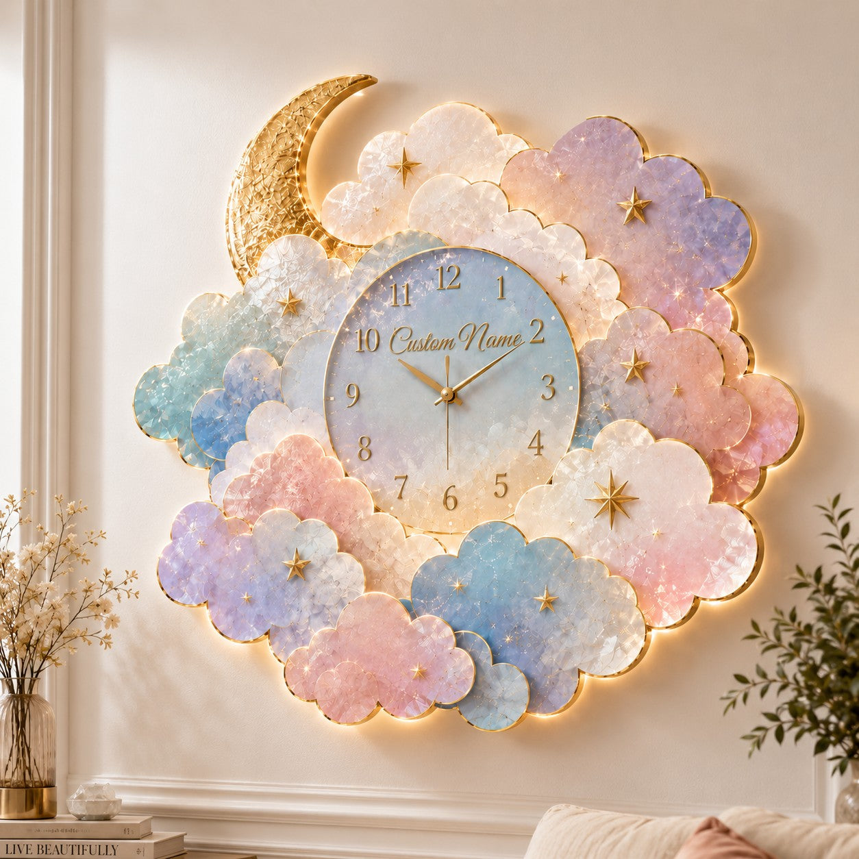 Personalized Moon Cloud Wall Clock with Custom Name — personalized with a custom name