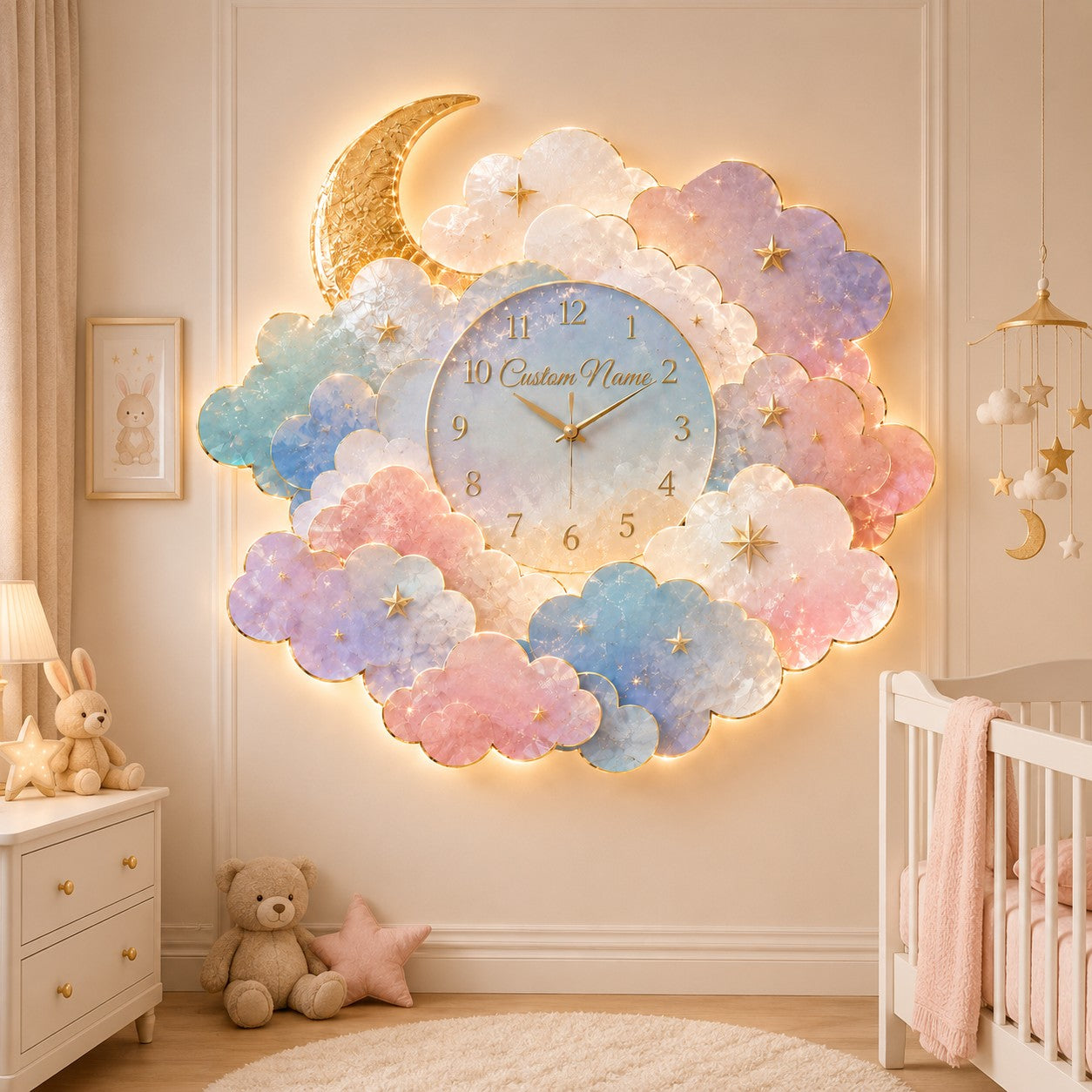 Personalized Moon Cloud Wall Clock with Custom Name — personalized with a custom name