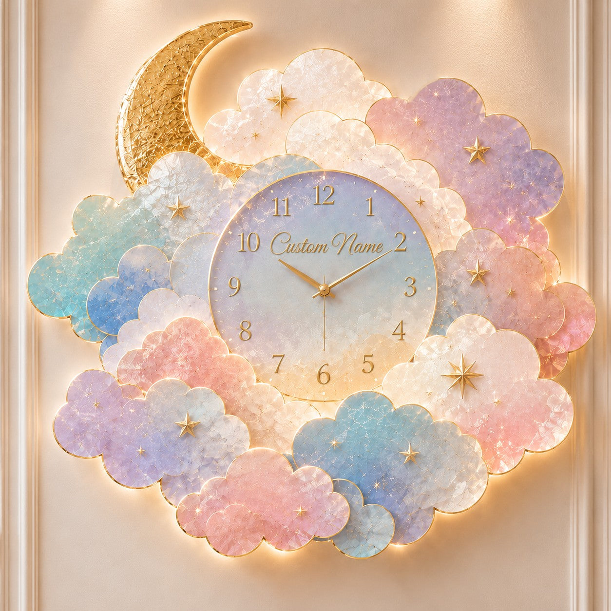 Personalized Moon Cloud Wall Clock with Custom Name — personalized with a custom name