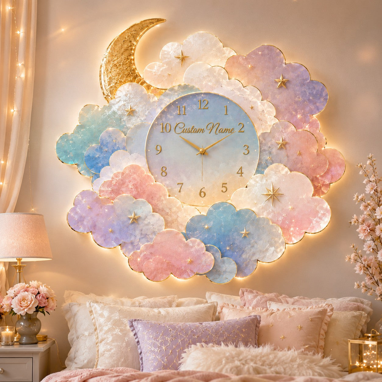 Personalized Moon Cloud Wall Clock with Custom Name — personalized with a custom name