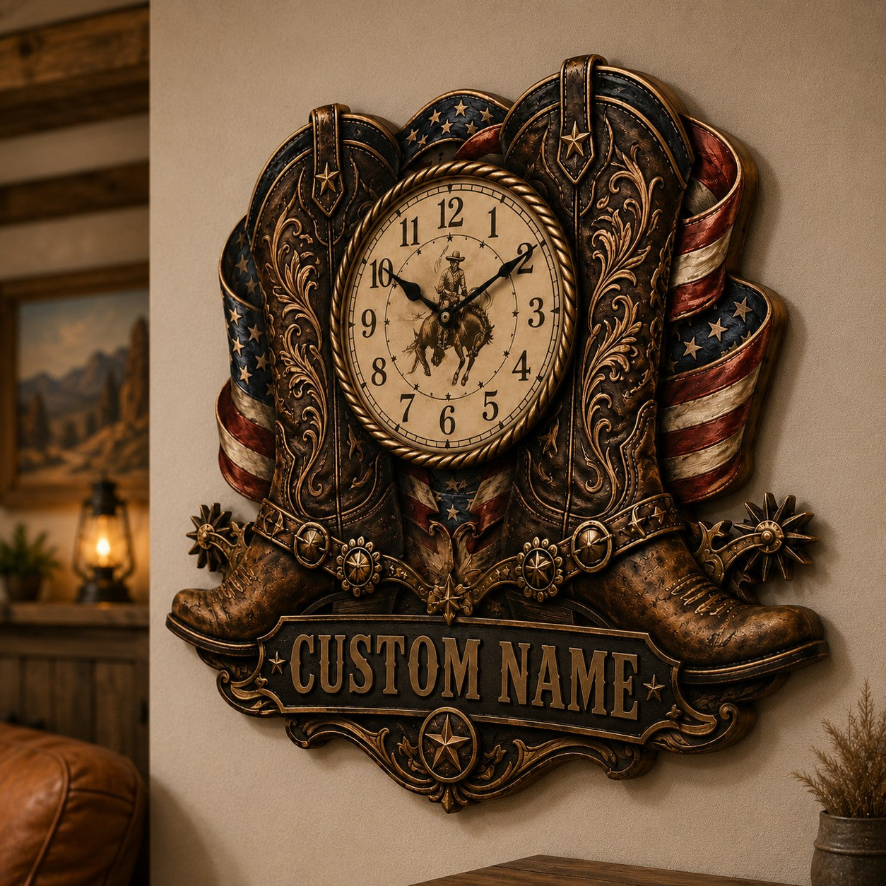 Personalized Cowboy Boots Wall Clock, Custom Name Gift for Cowboys — personalized with a custom name