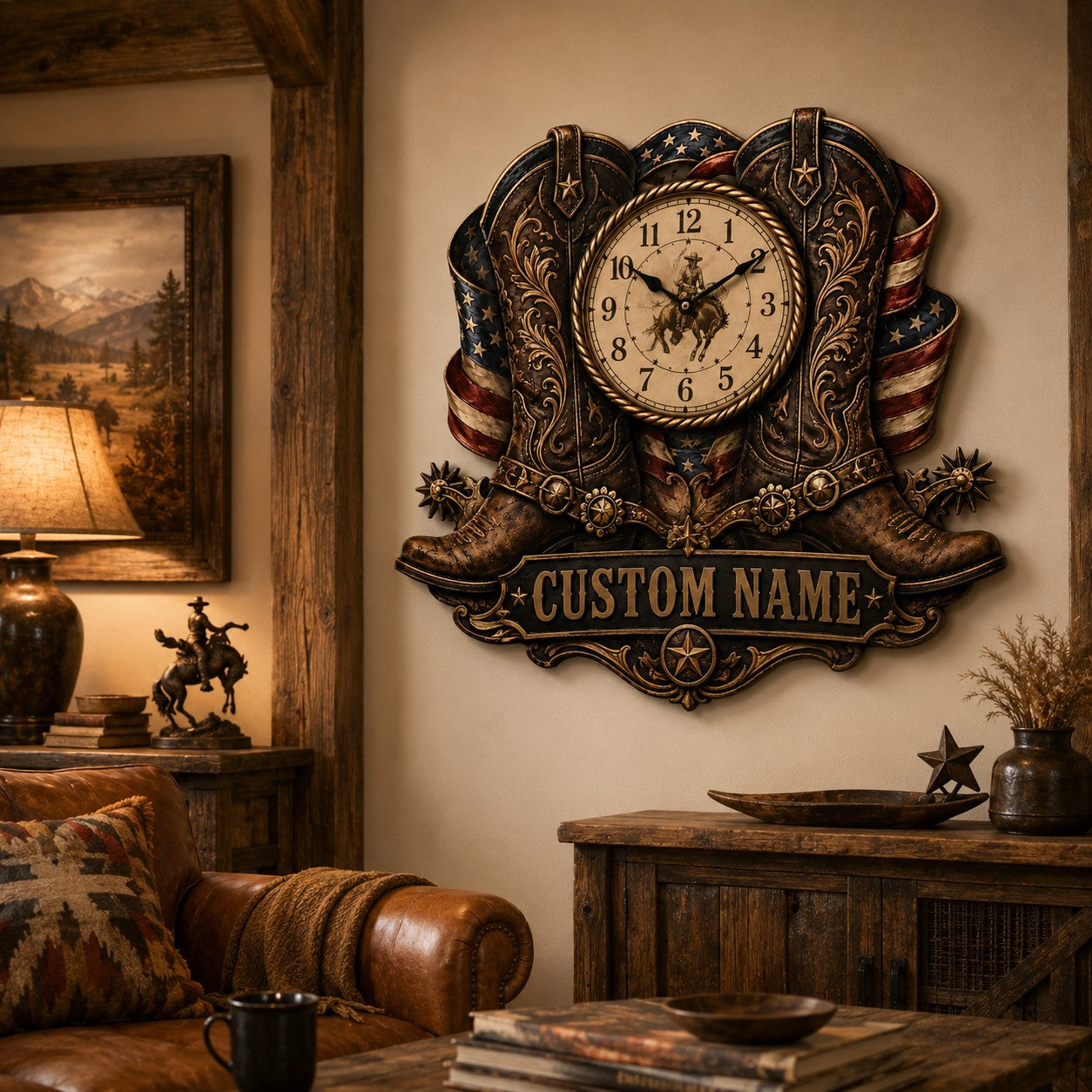 Personalized Cowboy Boots Wall Clock, Custom Name Gift for Cowboys — personalized with a custom name