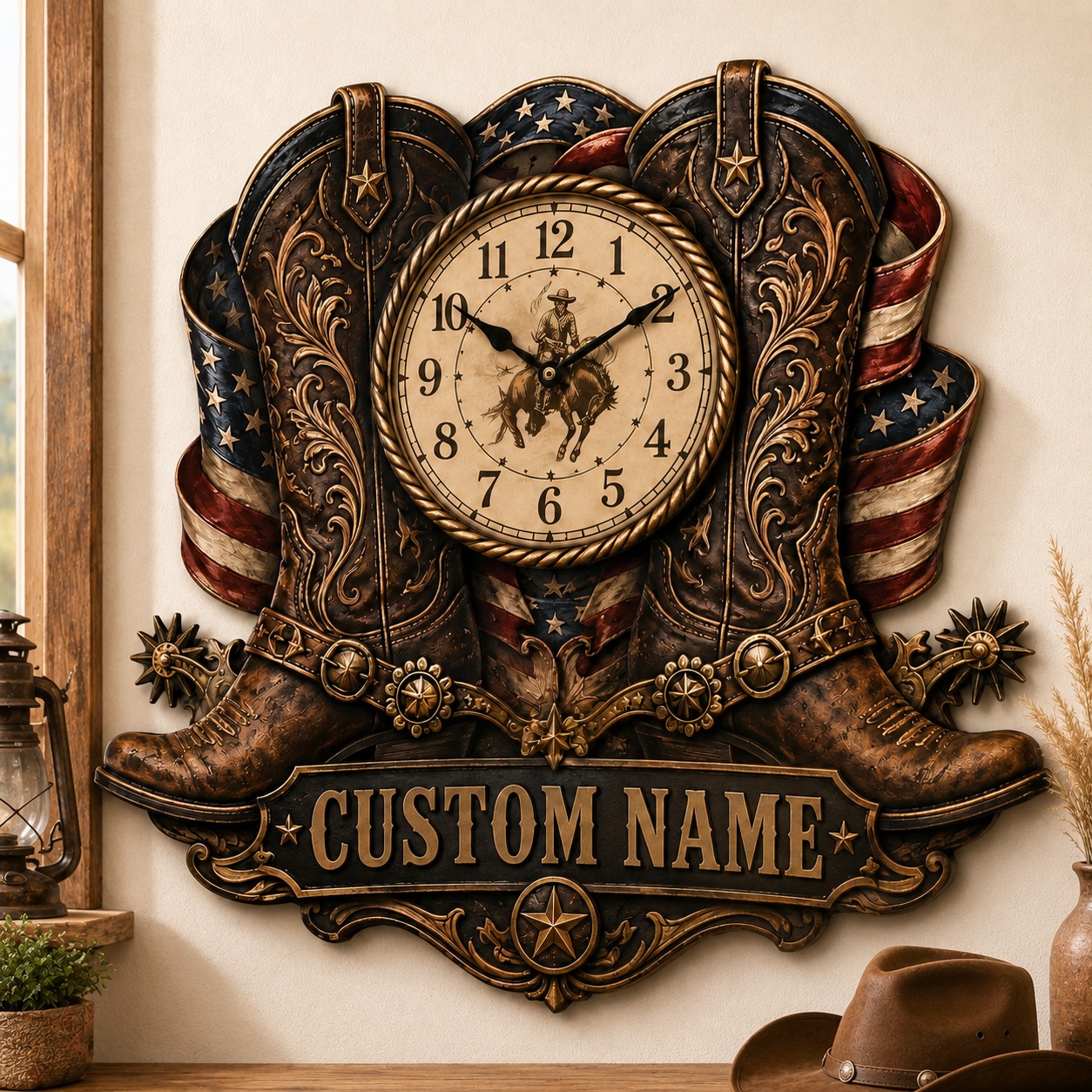 Personalized Cowboy Boots Wall Clock, Custom Name Gift for Cowboys — personalized with a custom name