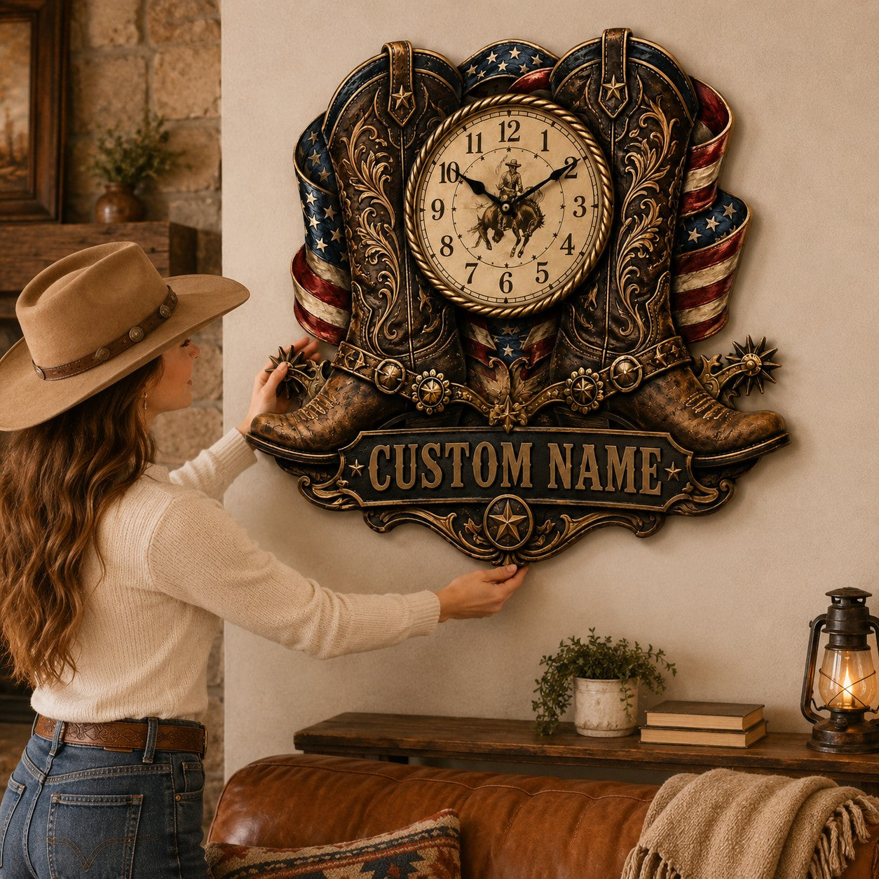 Personalized Cowboy Boots Wall Clock, Custom Name Gift for Cowboys — personalized with a custom name