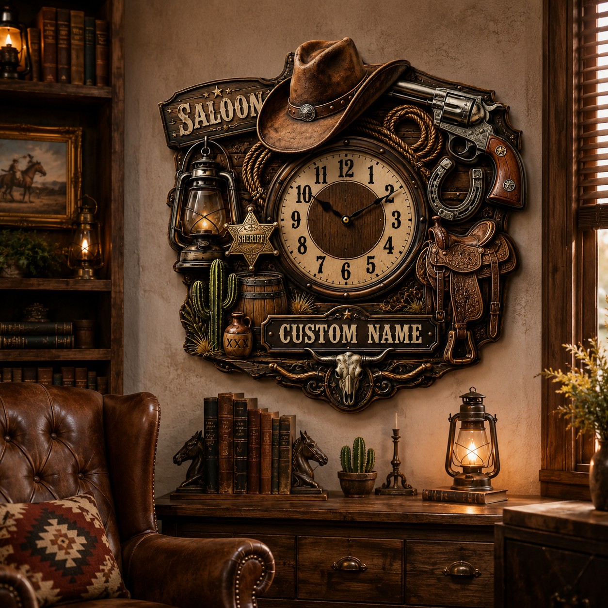 Personalized Western Saloon Wall Clock with Custom Name — personalized with a custom name