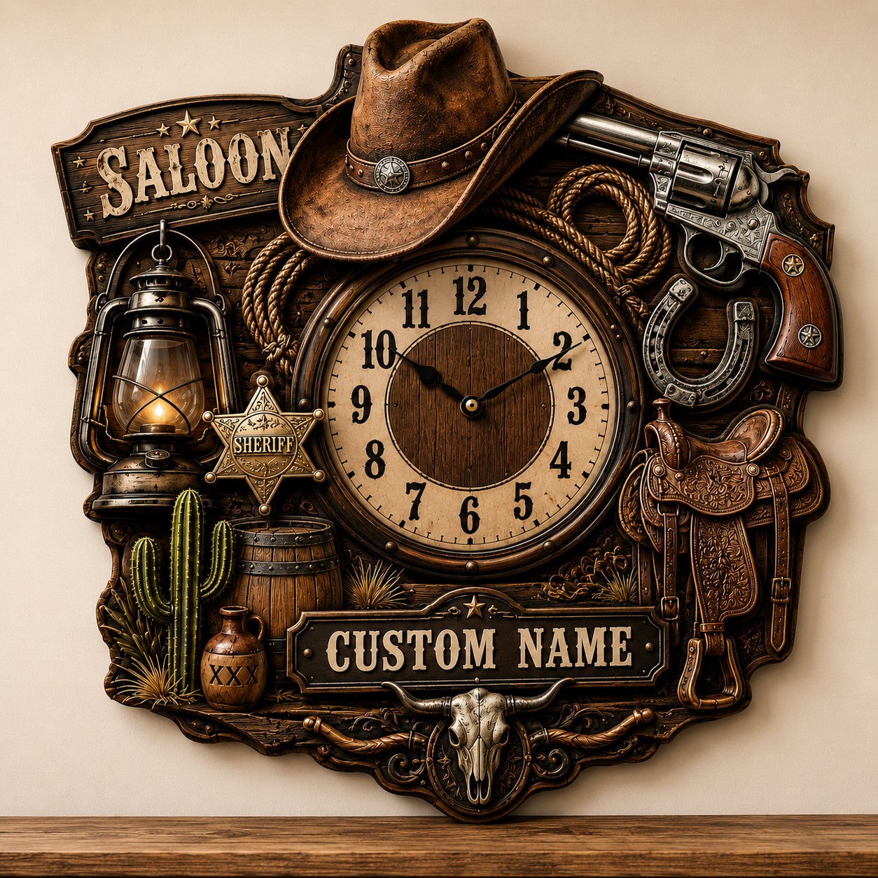 Personalized Western Saloon Wall Clock with Custom Name — personalized with a custom name
