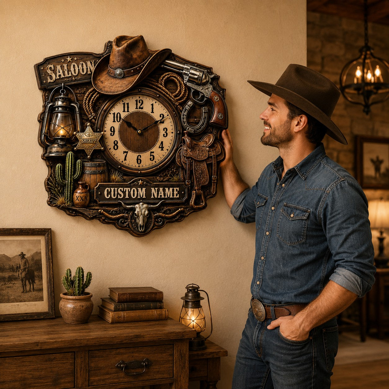 Personalized Western Saloon Wall Clock with Custom Name — personalized with a custom name