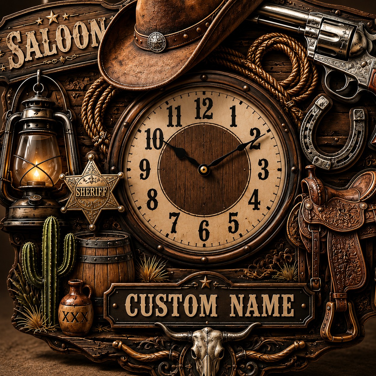 Personalized Western Saloon Wall Clock with Custom Name — personalized with a custom name