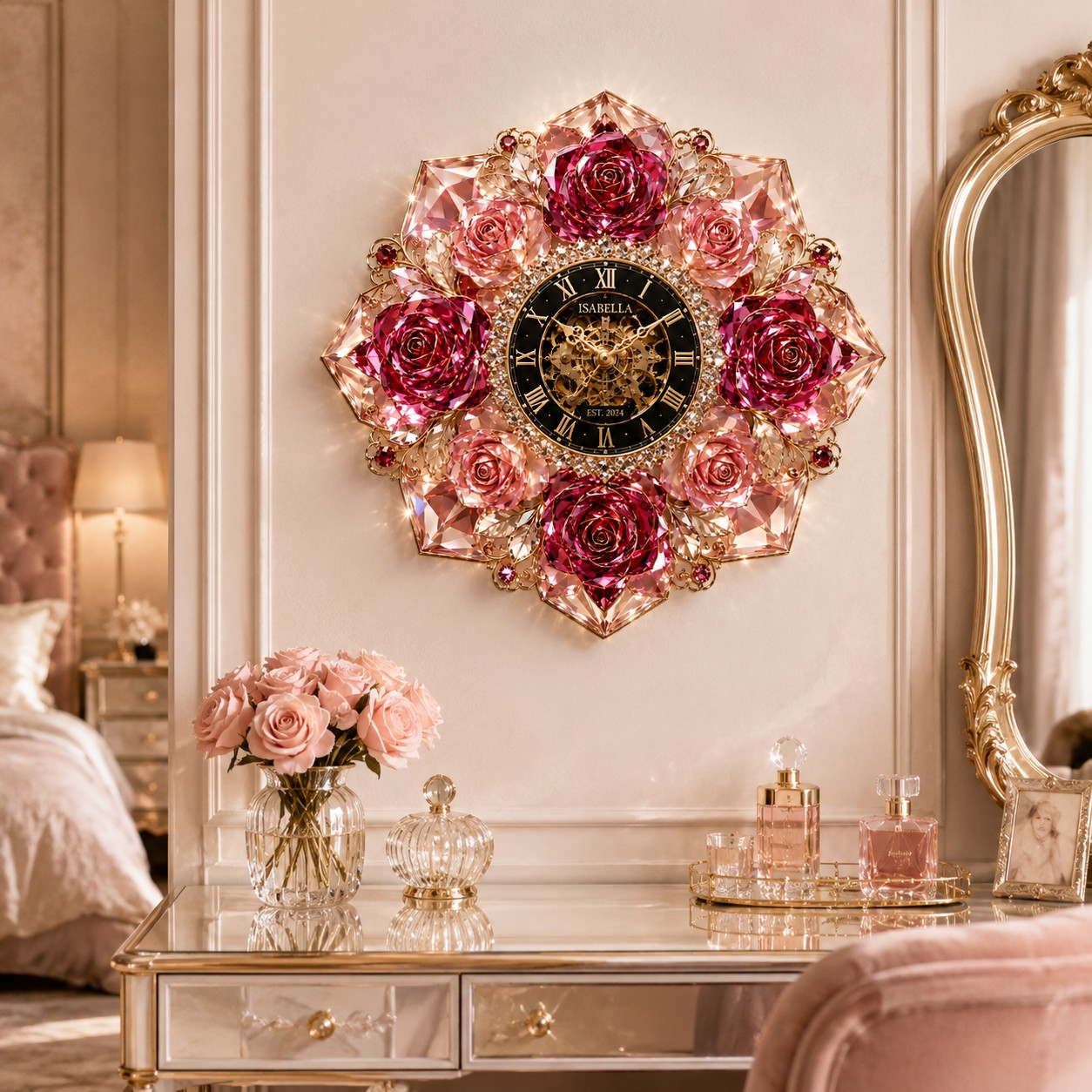 Personalized Rose Crystal Wall Clock with Custom Name — personalized with a custom name
