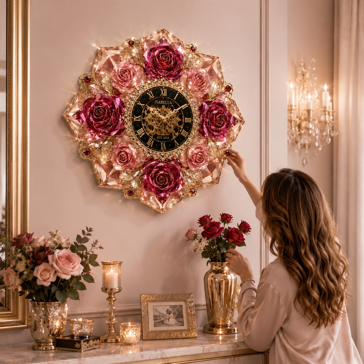 Personalized Rose Crystal Wall Clock with Custom Name — personalized with a custom name