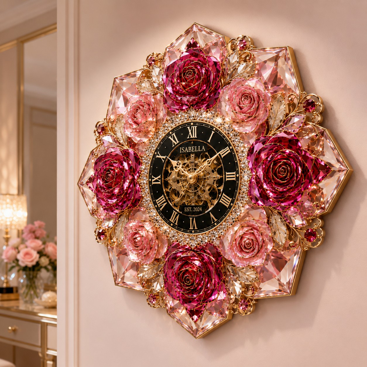 Personalized Rose Crystal Wall Clock with Custom Name — personalized with a custom name