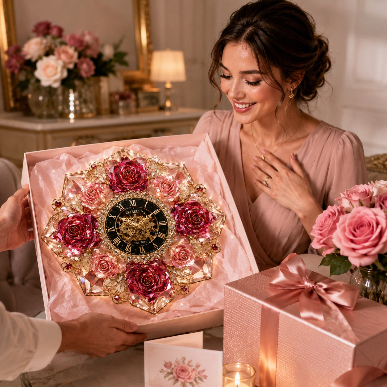 Personalized Rose Crystal Wall Clock with Custom Name — personalized with a custom name