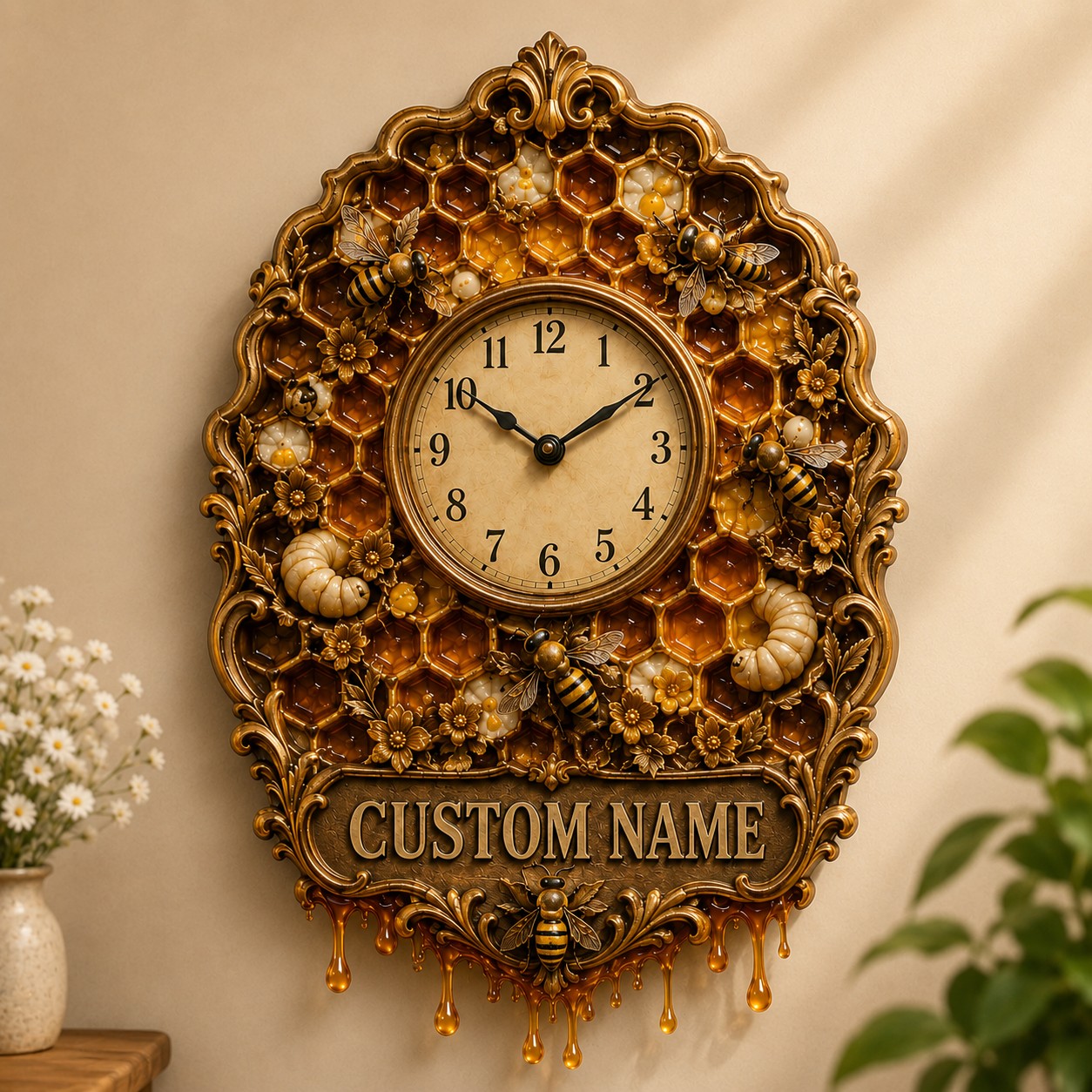 Personalized Honey Bee Lover Wall Clock with Custom Name — personalized with a custom name