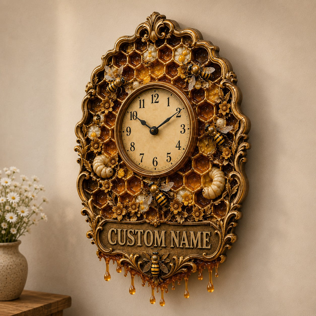 Personalized Honey Bee Lover Wall Clock with Custom Name — personalized with a custom name
