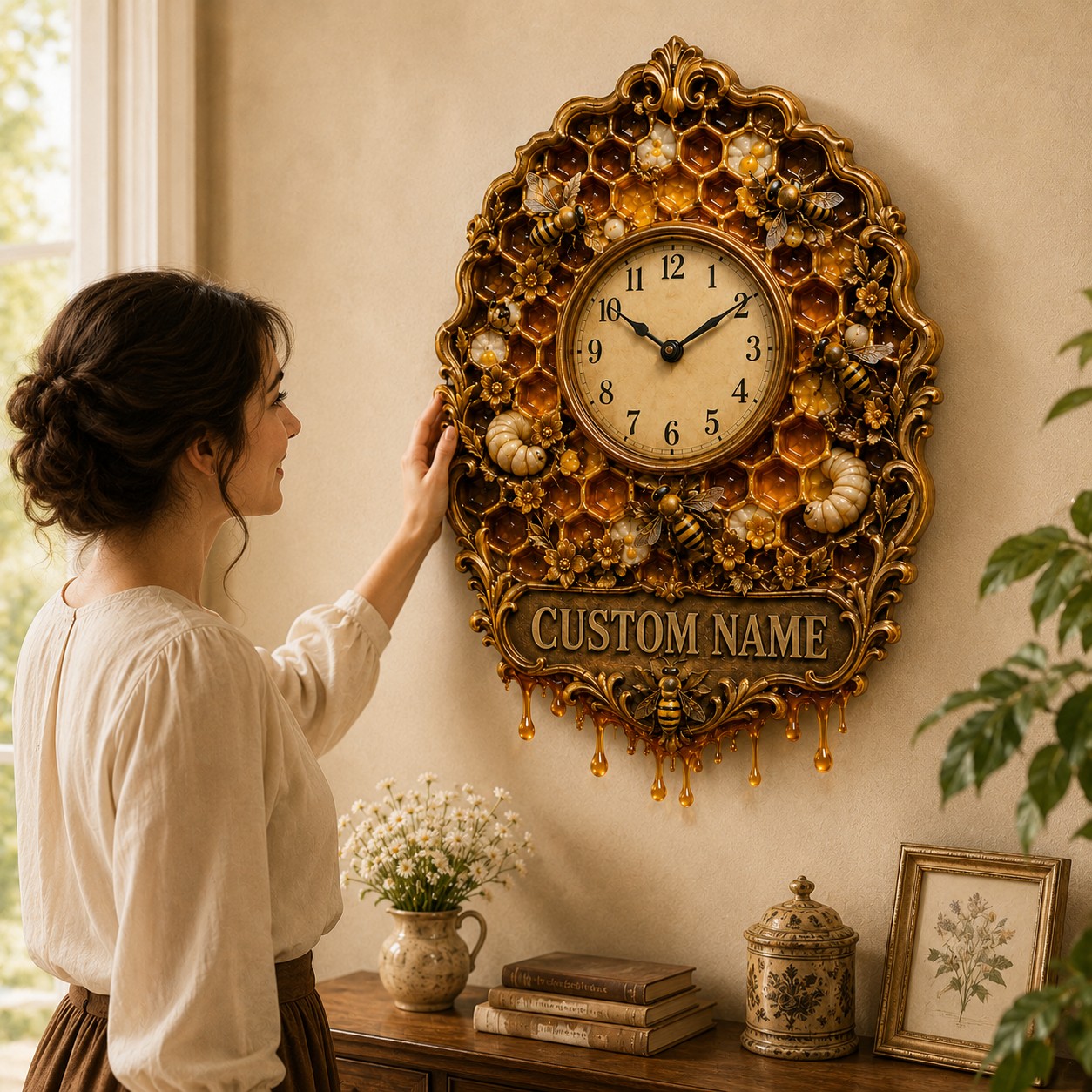 Personalized Honey Bee Lover Wall Clock with Custom Name — personalized with a custom name