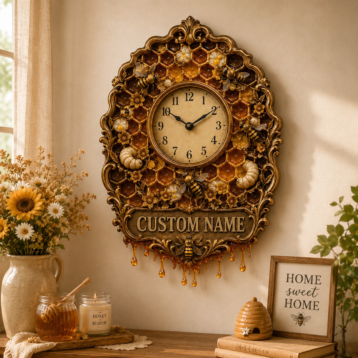 Personalized Honey Bee Lover Wall Clock with Custom Name — personalized with a custom name