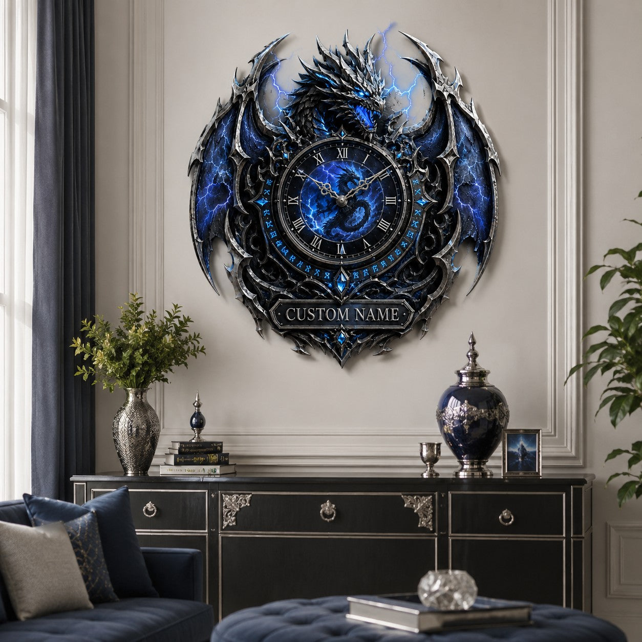 Personalized Storm Dragon Wall Clock with Custom Name — personalized with a custom name