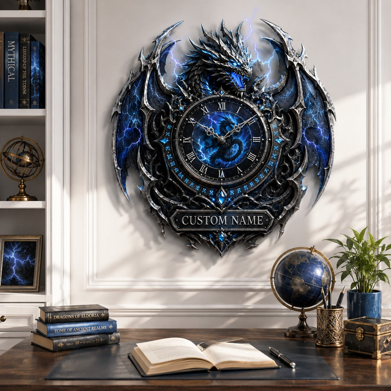 Personalized Storm Dragon Wall Clock with Custom Name — personalized with a custom name