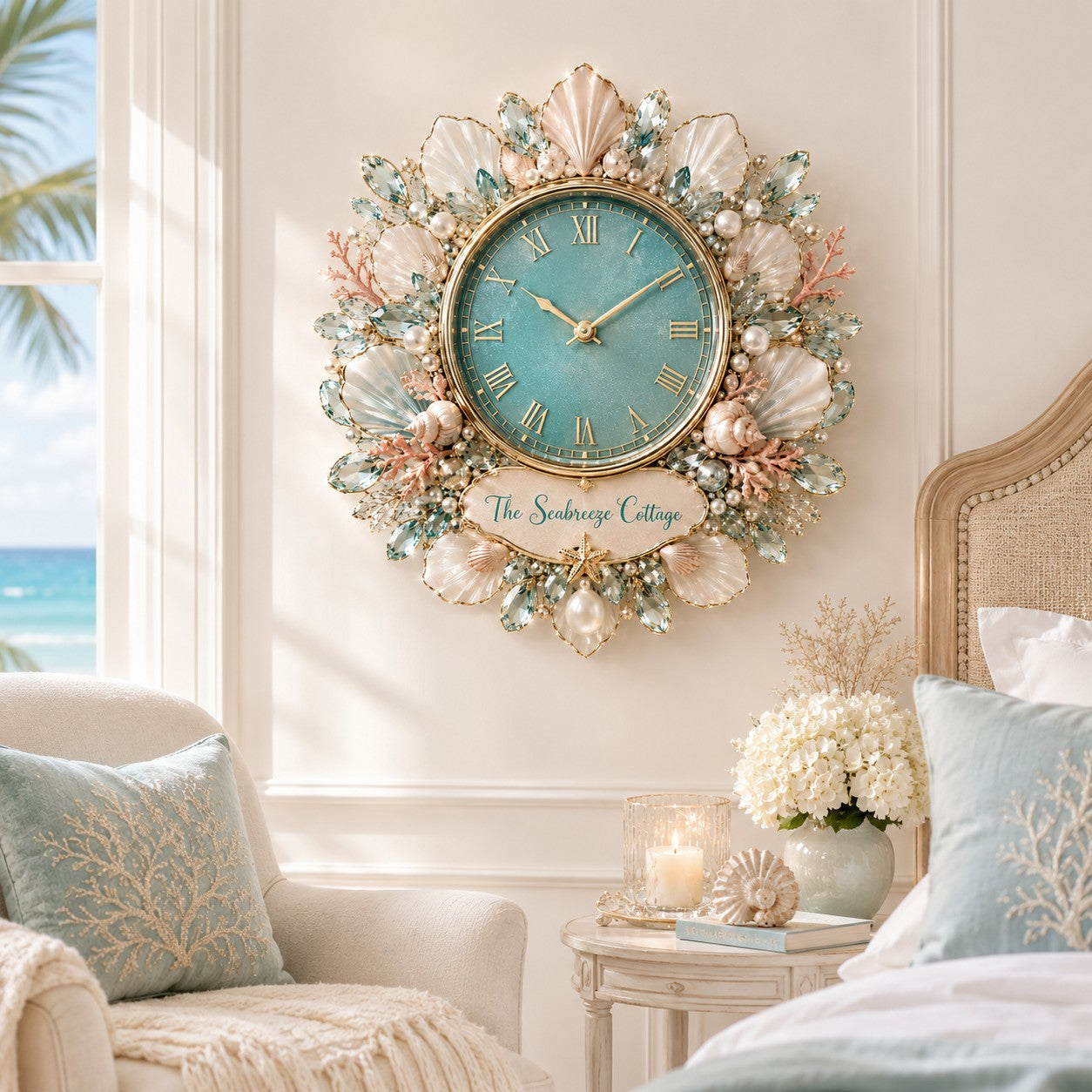 Personalized Coastal Seashell Wall Clock with Custom Name — personalized with a custom name