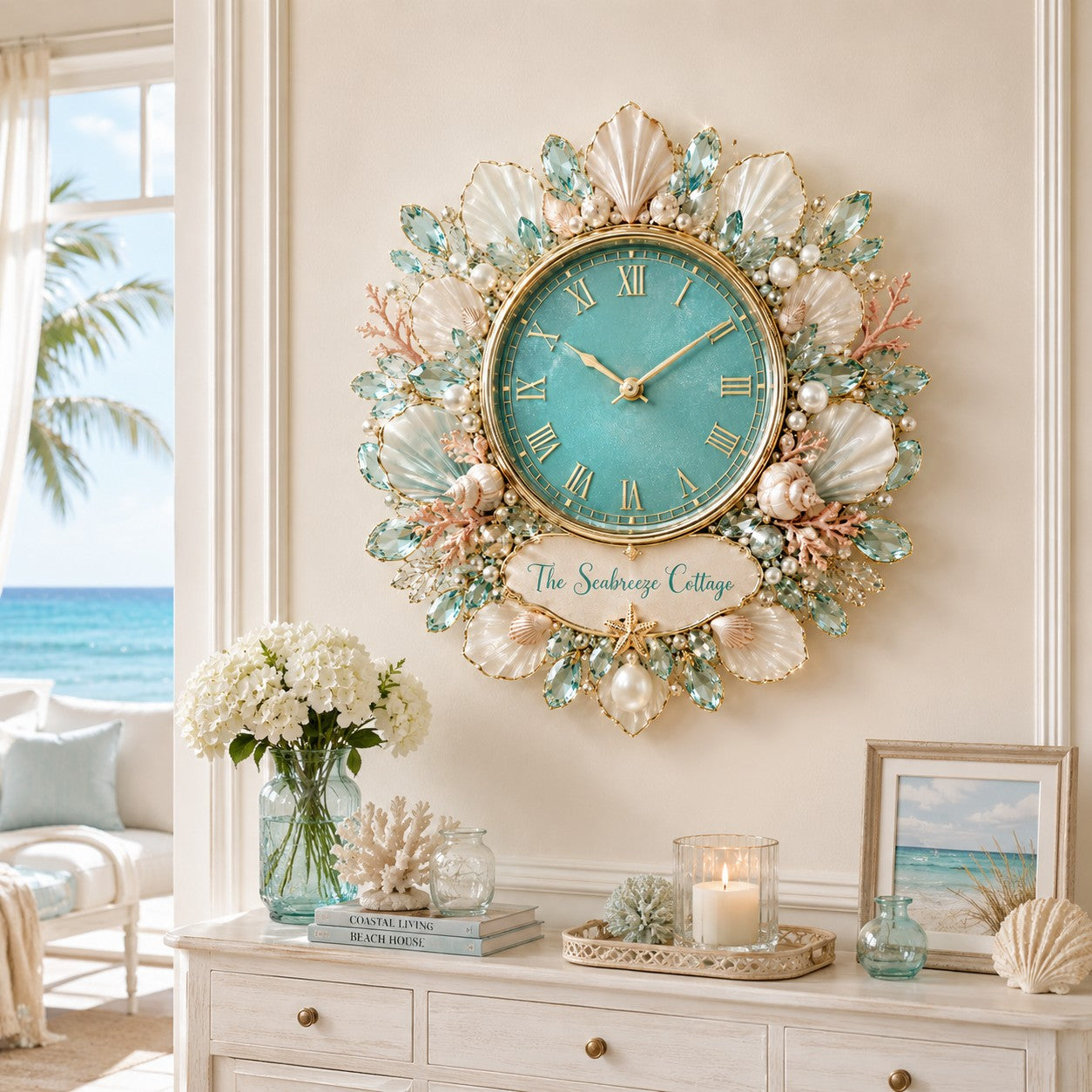 Personalized Coastal Seashell Wall Clock with Custom Name — personalized with a custom name