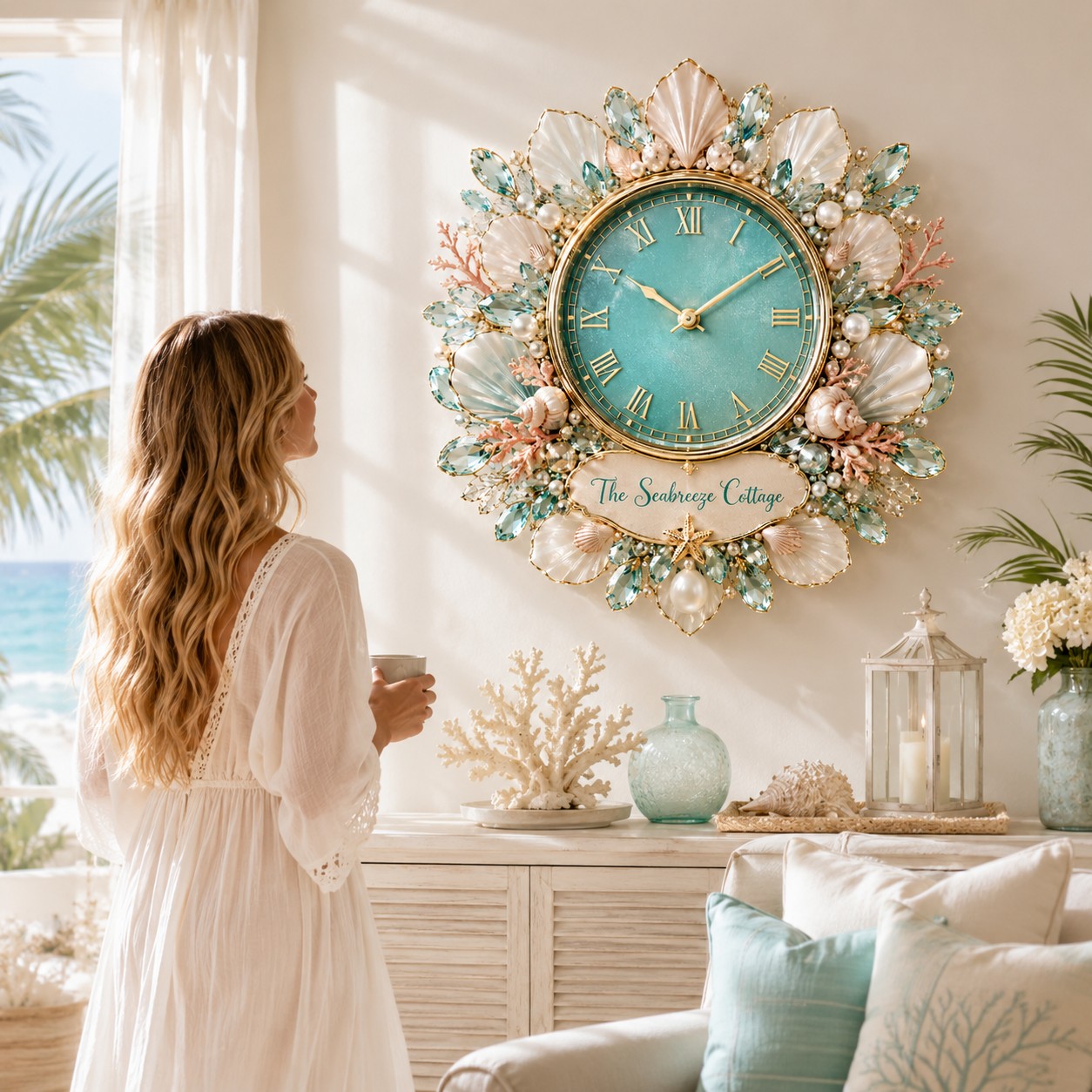 Personalized Coastal Seashell Wall Clock with Custom Name — personalized with a custom name