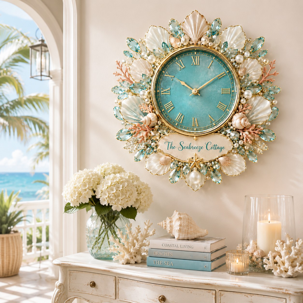 Personalized Coastal Seashell Wall Clock with Custom Name — personalized with a custom name