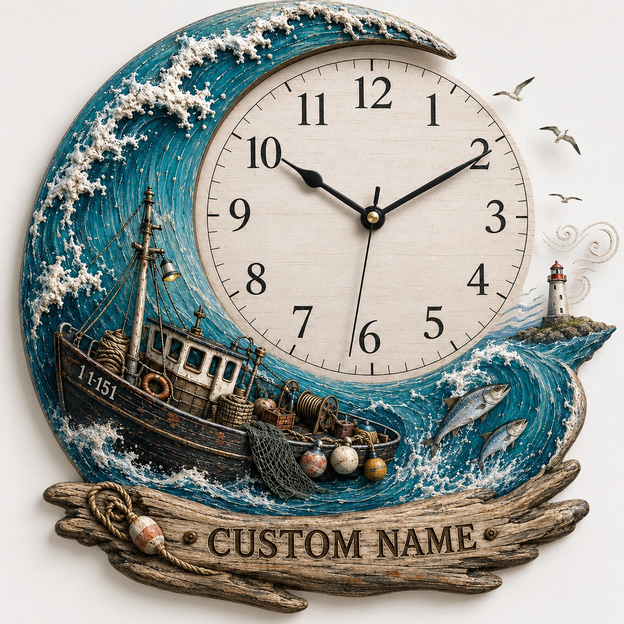 Personalized Trawler Timepiece Wall Clock with Custom Name — personalized with a custom name