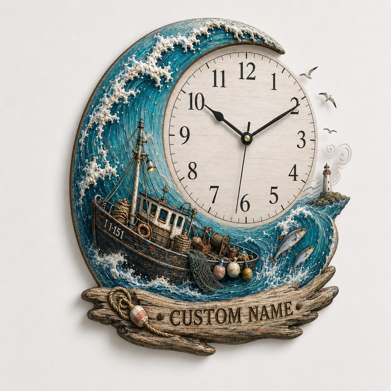 Personalized Trawler Timepiece Wall Clock with Custom Name — personalized with a custom name