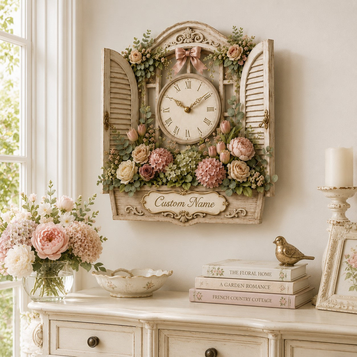 Personalized Floral Window Wall Clock with Custom Name — personalized with a custom name