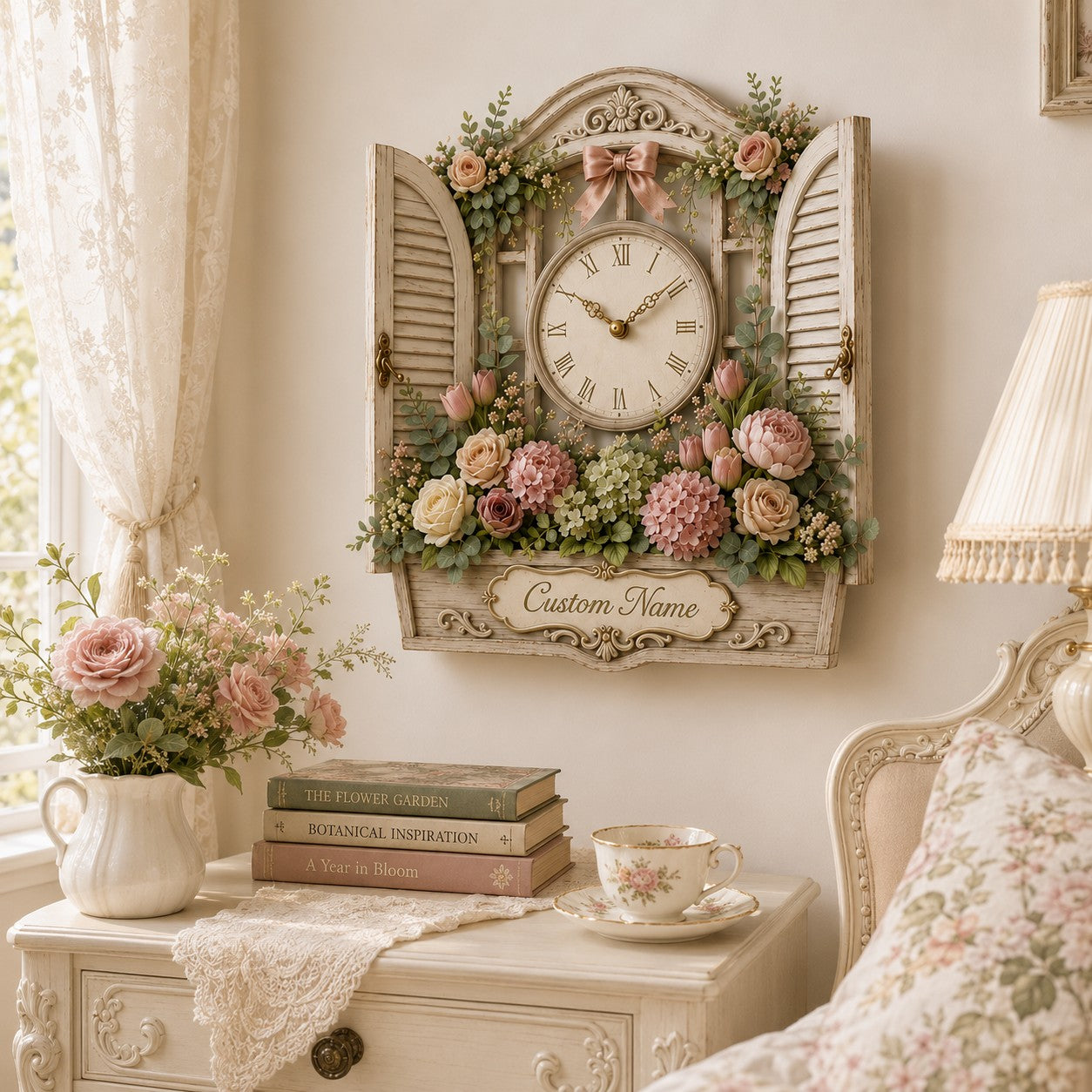 Personalized Floral Window Wall Clock with Custom Name — personalized with a custom name