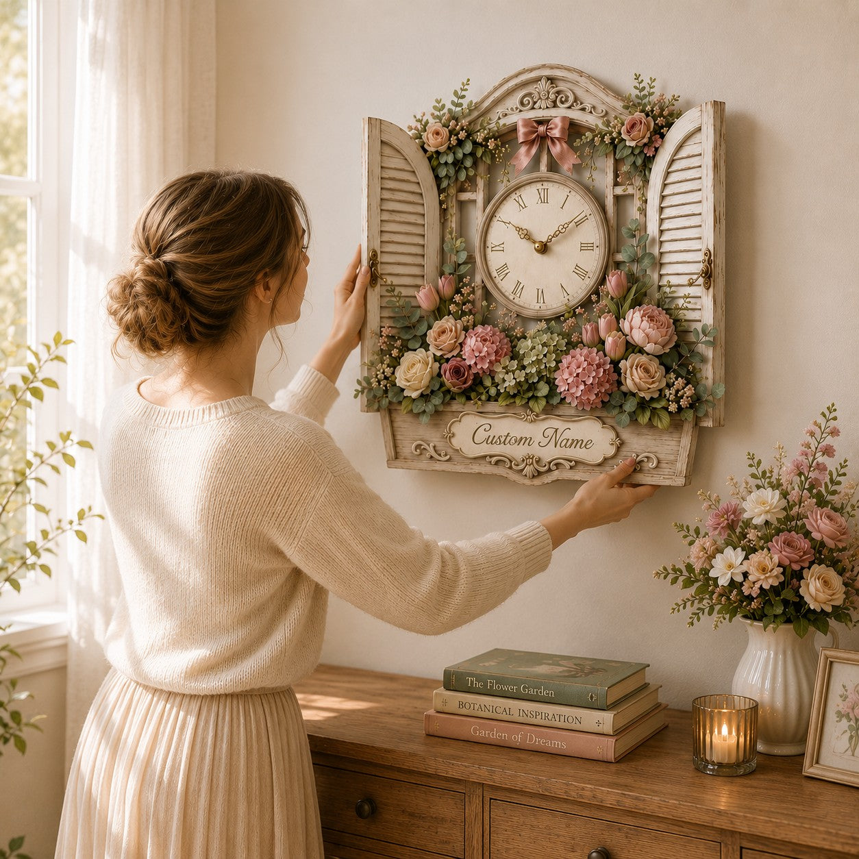 Personalized Floral Window Wall Clock with Custom Name — personalized with a custom name