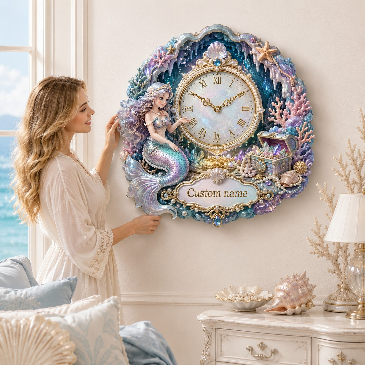 Personalized Mermaid Treasure-cove Wall Wall Clock with Custom Name — personalized with a custom name