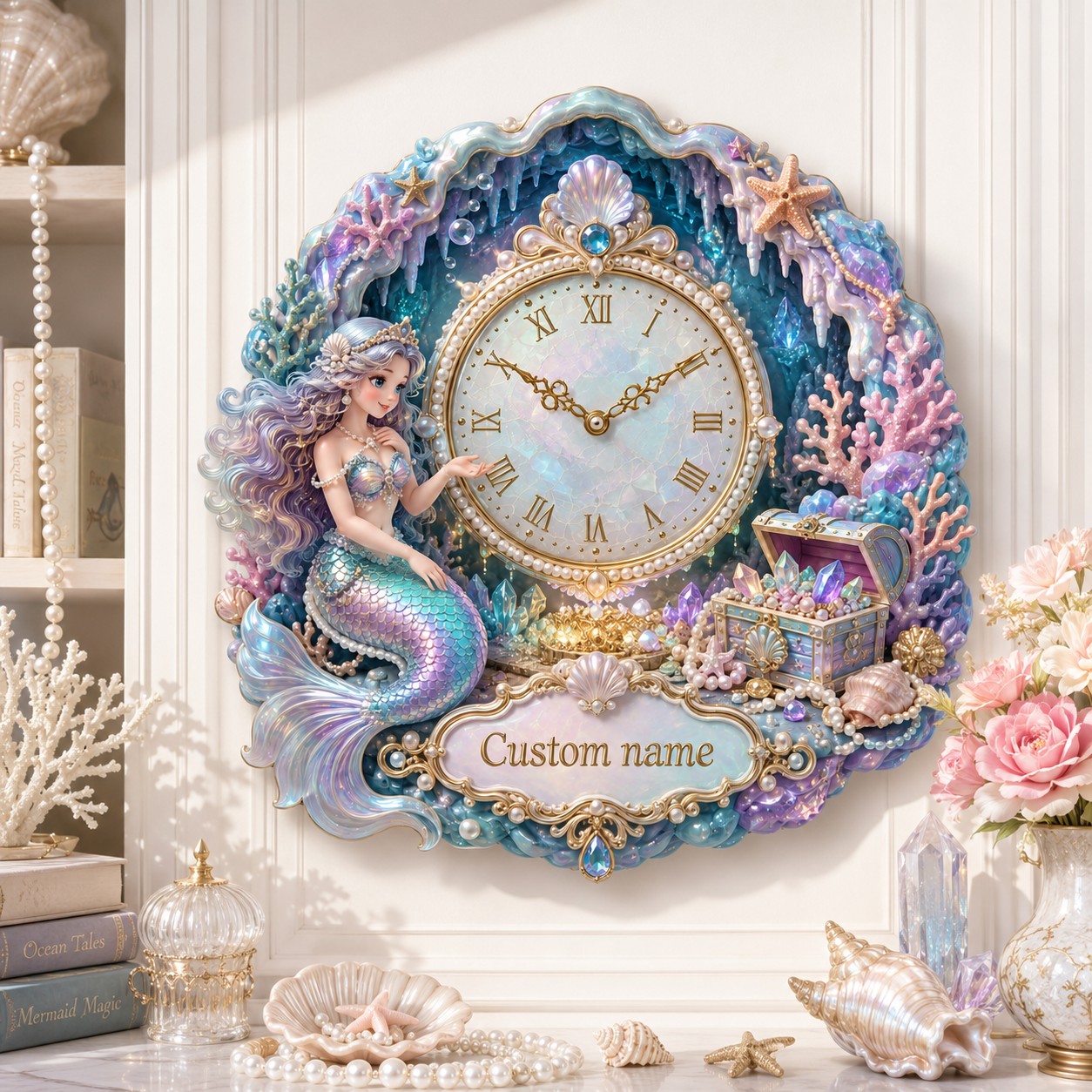 Personalized Mermaid Treasure-cove Wall Wall Clock with Custom Name — personalized with a custom name